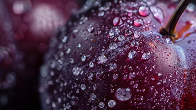 A macro shot of a perfectly ripe wild plum its skin deep purple and speckled with natural sugar