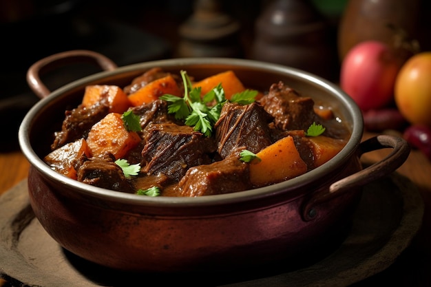 Macro shot of a plate of lamb curry with potatoes and carrots