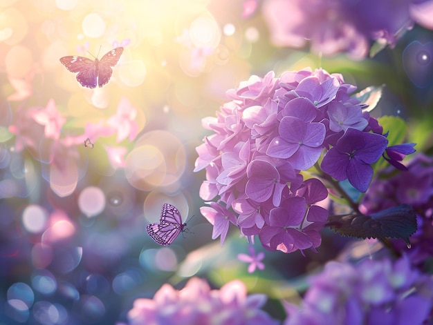 Macro shot of purple hydrangea flowers in a serene garden highlighting their delicate petals and surrounded by butterflies in flight bathed in the gentle rays of the sunrise