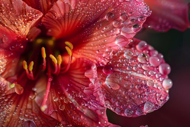 Macro shot of a red hibiscus flower with dewdrops on its petals glistening in soft light