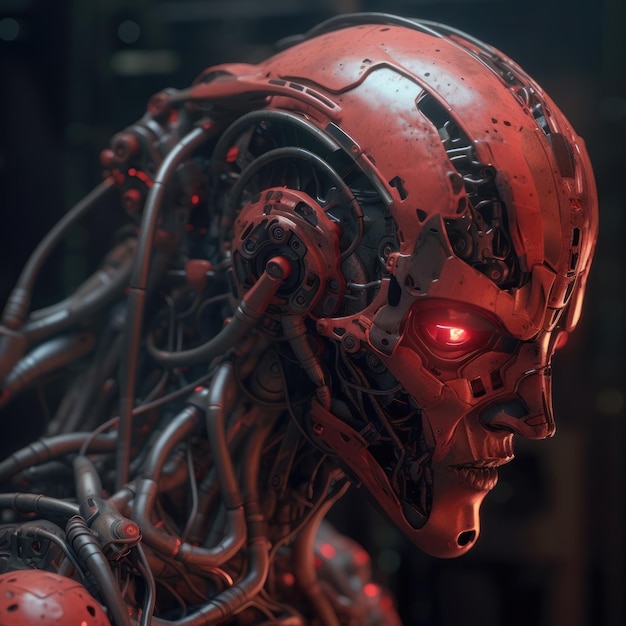 Macro Shot of Red Robotic Head with Black Scales Cinematic AI Generated