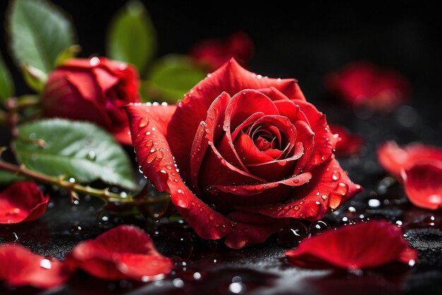 Macro Shot of Red Rose Petals with Dew on Black