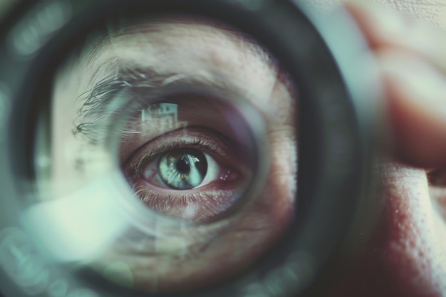 Photo a macro shot revealing detail of an eye gazing through a lens emphasizing the intricate texture of the iris and the reflection of the outside world within