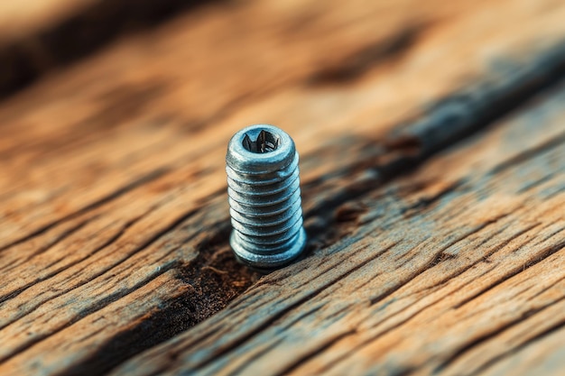 Photo macro shot of screw on wooden background