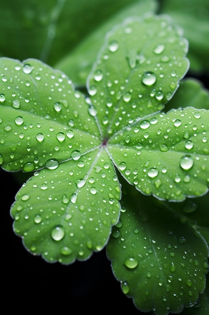 A macro shot of a shamrock plant with morning dew in different places