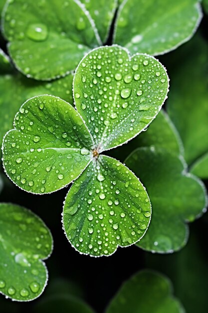 A macro shot of a shamrock plant with morning dew in different places