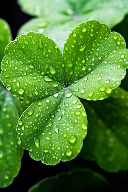 A macro shot of a shamrock plant with morning dew in different places