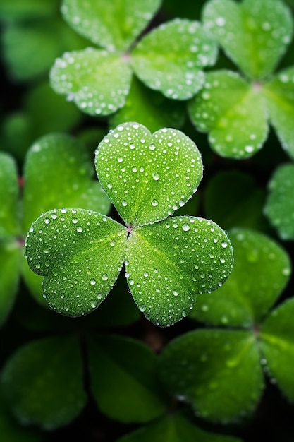 A macro shot of a shamrock plant with morning dew in different places