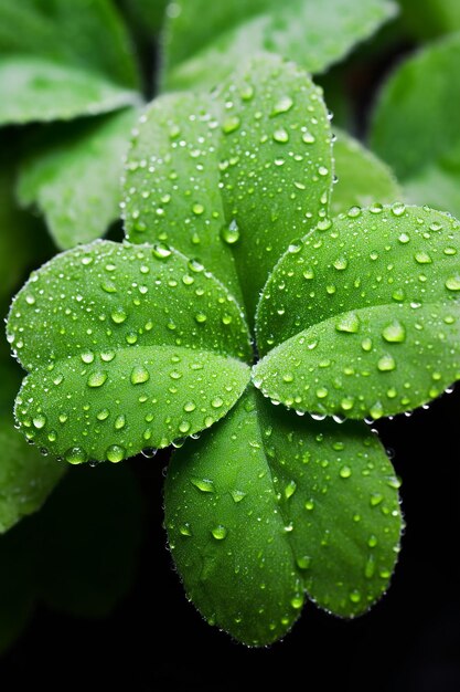 A macro shot of a shamrock plant with morning dew in different places