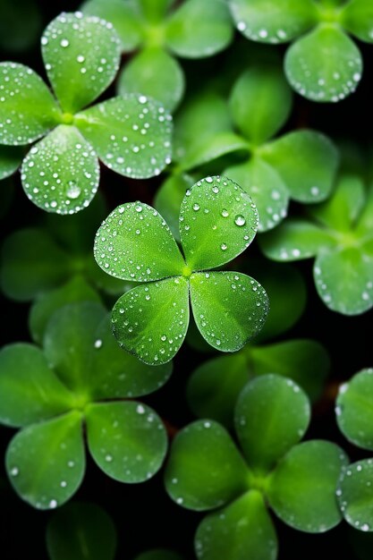 A macro shot of a shamrock plant with morning dew in different places