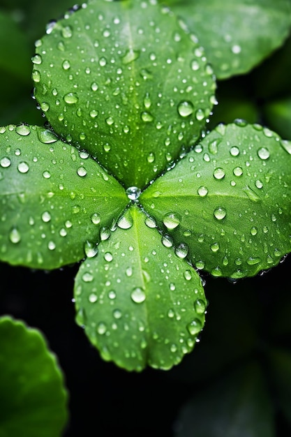 A macro shot of a shamrock plant with morning dew