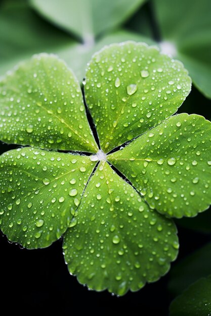 A macro shot of a shamrock plant with morning dew