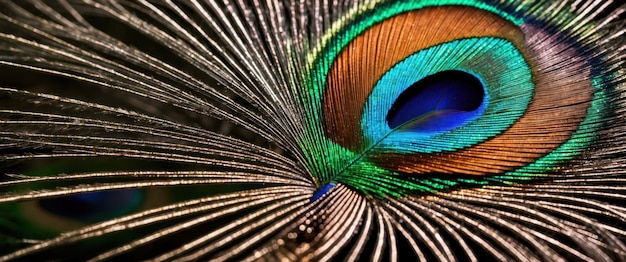 Photo a macro shot showcasing the vibrant iridescent colors of a peacock feathers eye