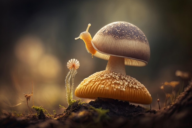 Macro shot of a snail crawling on a mushroom Generated by AI