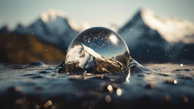 Macro shot of a snowcovered mountain reflected in a water droplet displaying nature's wonders in a tiny world neural