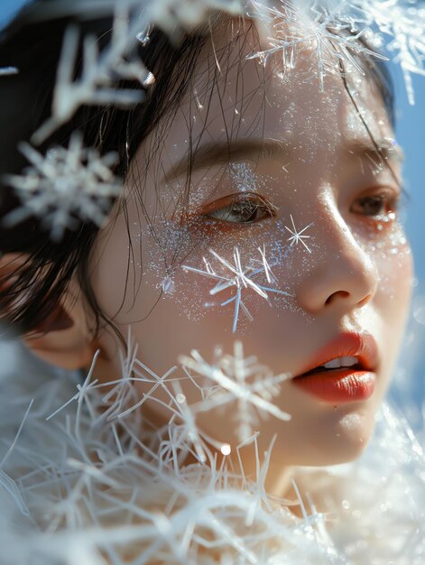 Photo macro shot of snowflakes on dark hair