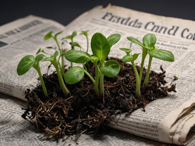 Photo macro shot of some small sprout plants growing from the newspaper concept of recycle and eco friendly newspaper with copy space regrow