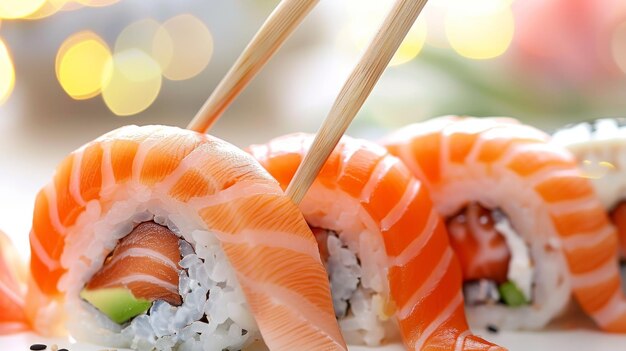 Macro shot of sushi being held with chopsticks on blurred background with space for text