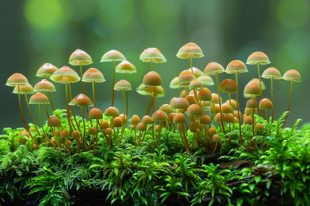 A macro shot of tiny mushrooms growing on moss macro photography with a shallow depth of field and