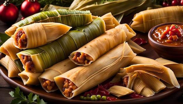 Macro shot of a variety of tamales displayed in a festive setting