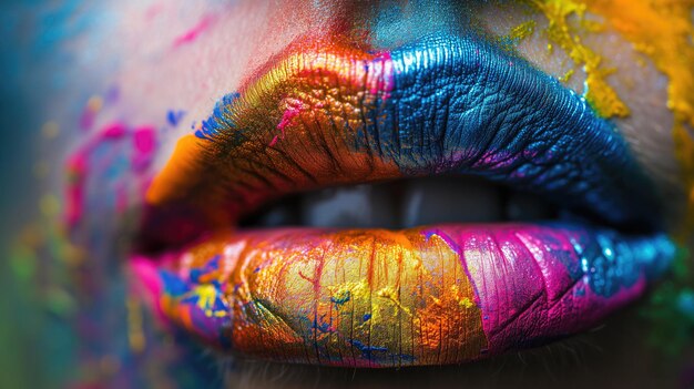 Macro shot of vibrant colorful artistic lip makeup