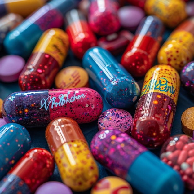 Macro shot of vibrant and diverse capsules and pills on a surface