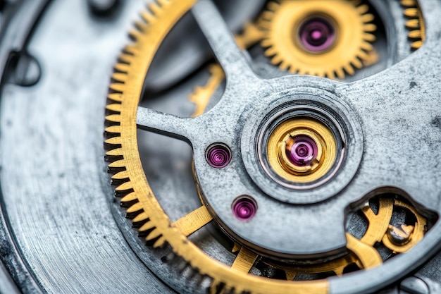 Photo macro shot of a watch mechanism showing intricate gears jewels and metallic components