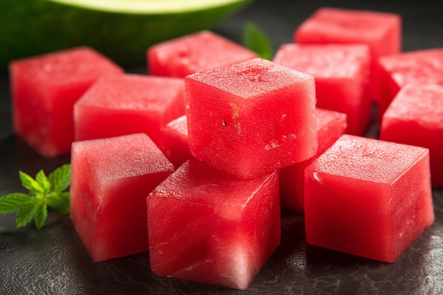 Macro shot of watermelon cubes arranged in a geometric pattern