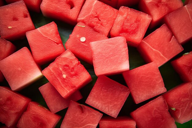 Macro shot of watermelon cubes arranged in a geometric pattern