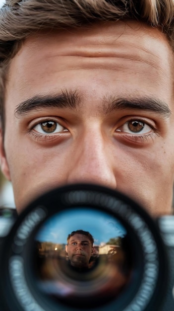 Macro shot of young man showing brown eyes on camera blinking and looking at reflection