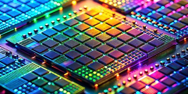 Photo macro of silicon wafer semiconductor with neon color integrated circuits to manufacture cpu and gpu