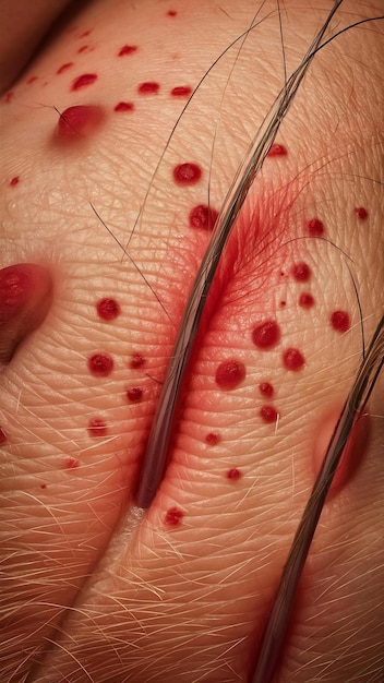 Photo macro of skin with folliculitis closeup of woman hr with irritation of the hr bulbs localized redne