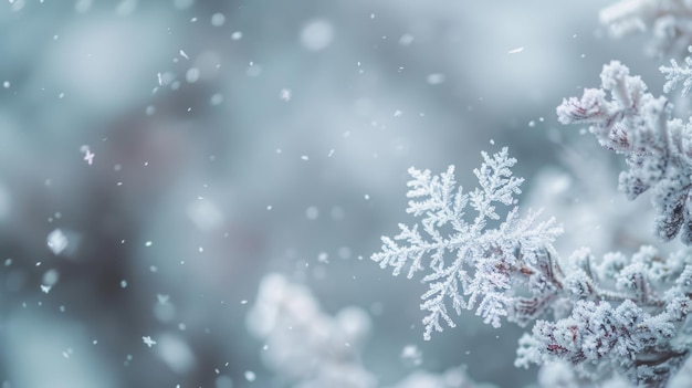 Photo macro snowflake on frosted tree branch during snowfall