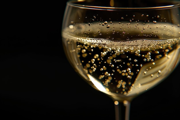 Macro of sparkling champagne against black background