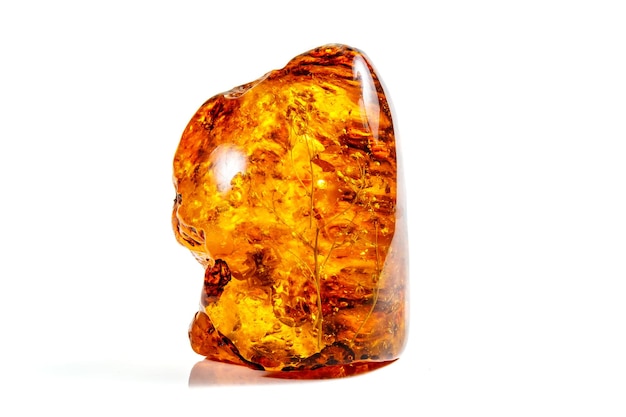 Macro stone mineral amber with insects flies and beetles on a white background close up