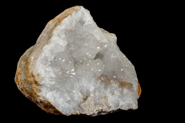 Macro stone mineral quartz geodes on black background