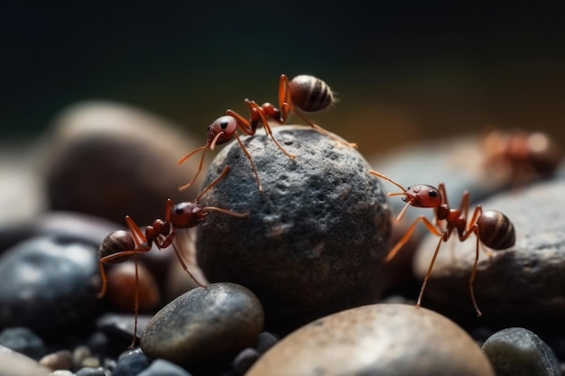 macro A team of ants builds a bridge between stones Generative AI