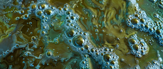 Macro view of abstract iridescent bubbles in fluid