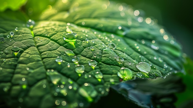 Macro view of beautiful drops of transparent rainwater adorning a green leaf