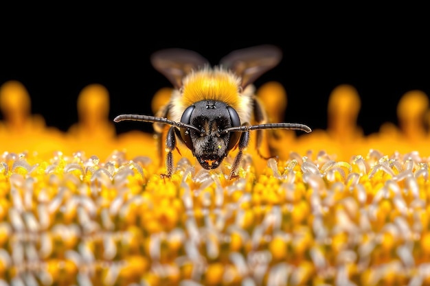 Macro view of a bee collecting nectar from bright yellow flower petals in nature s vibrant setting