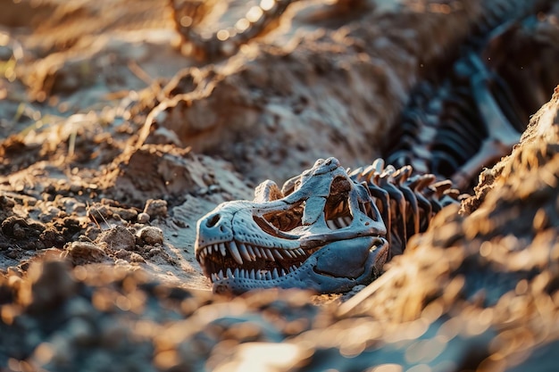 Macro view of a dinosaur fossil excavation site highlighting the delicate process of uncovering ancient bones ideal for archaeological studies