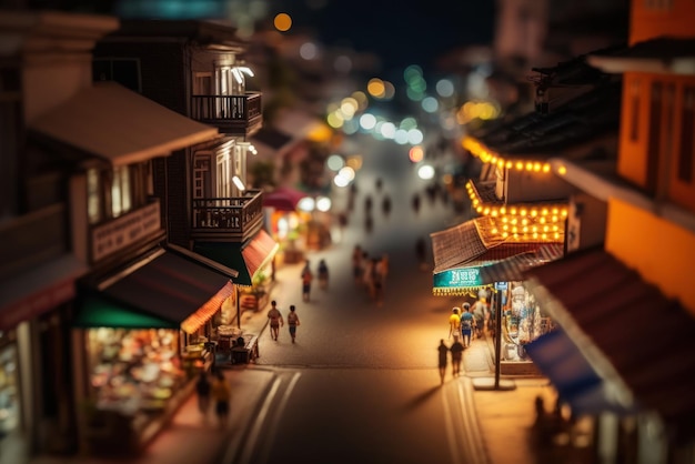 Macro View From walking street night market in Tiny Little Town City in daytime