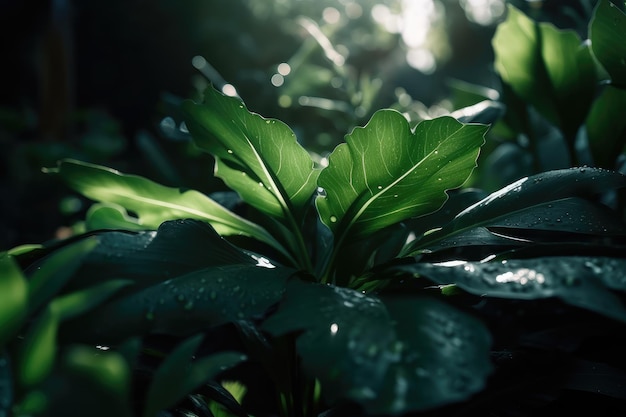 Macro view of green plant with sunbeams shining through its leaves