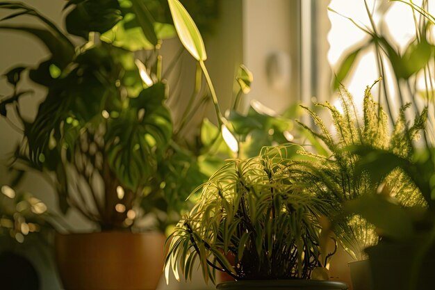 Macro view of green plants in warm bright room