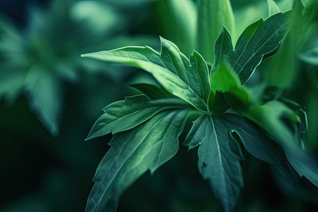 Macro view of green plants with closeup detail of delicate leaves and stems