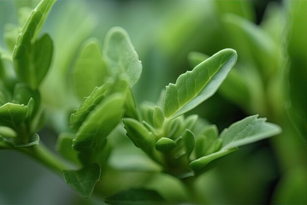 Macro view of green plants with closeup detail of delicate leaves and stems