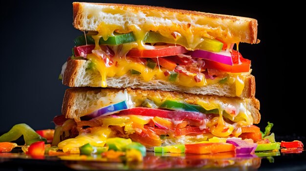 Photo macro view photography of a juicy sandwiches on a ceramic tile against a polishedbackground