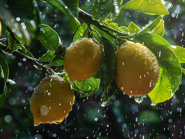 Macro view of rain falling on the lemons and foliage of a lemon tree with water droplets clinging to the fruits and leaves emphasizing the rich textures and fresh ambiance