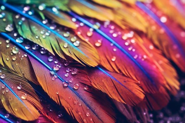 Macro View of Rainbow Feather with Dew Drops