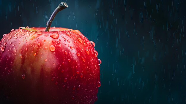 Macro view of a red delicious apple withater drops on it